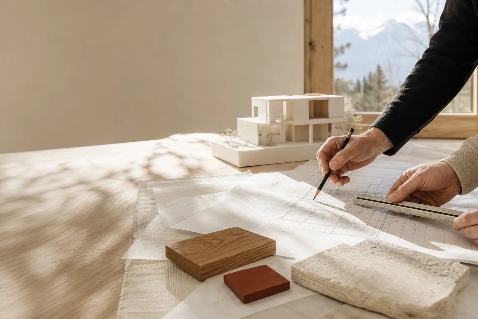 Illustrative architect and builder reviewing a residential plan package at a material table