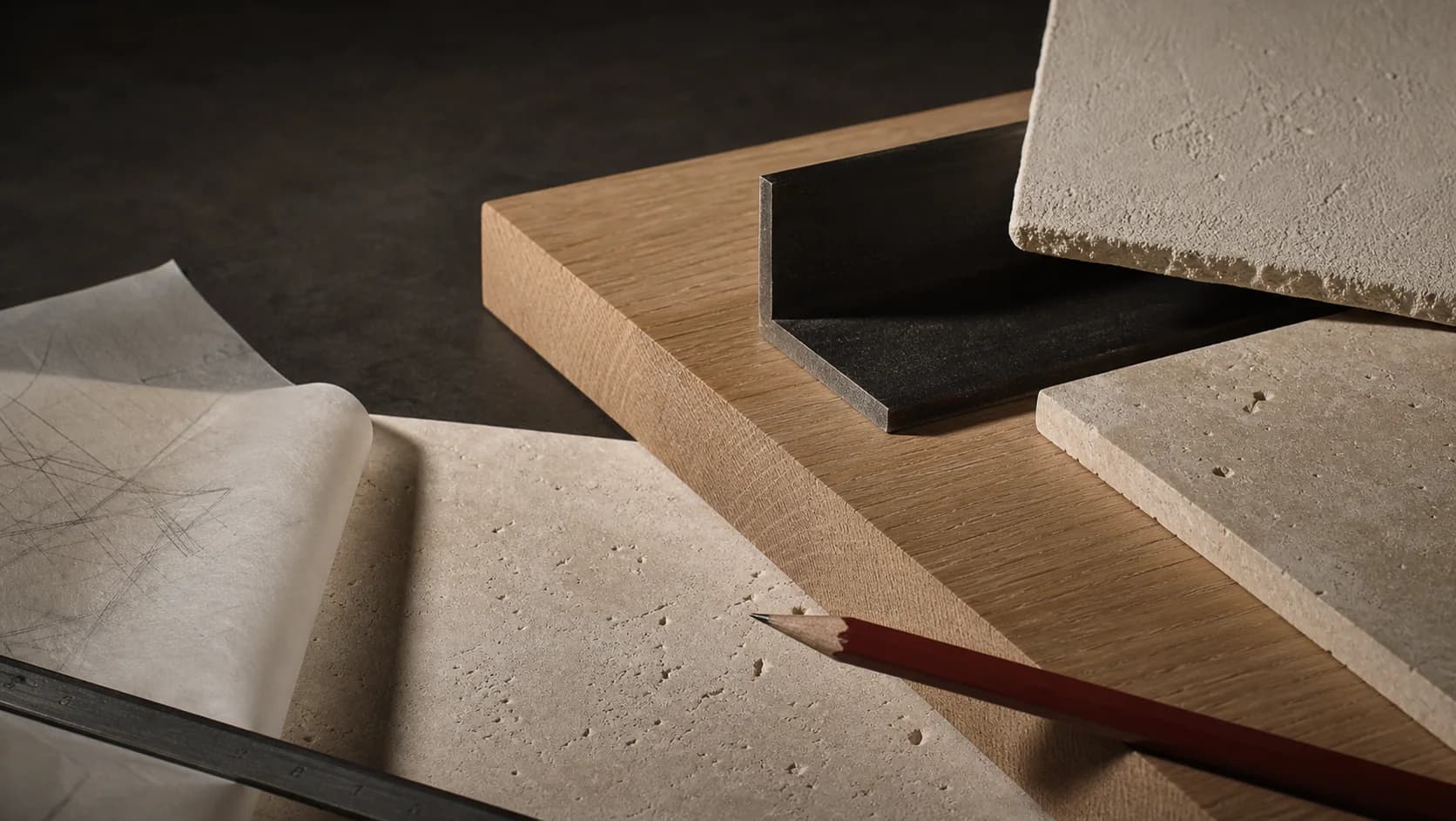 Illustrative pre-construction material study with oak, stone, metal, tracing paper, and a red pencil