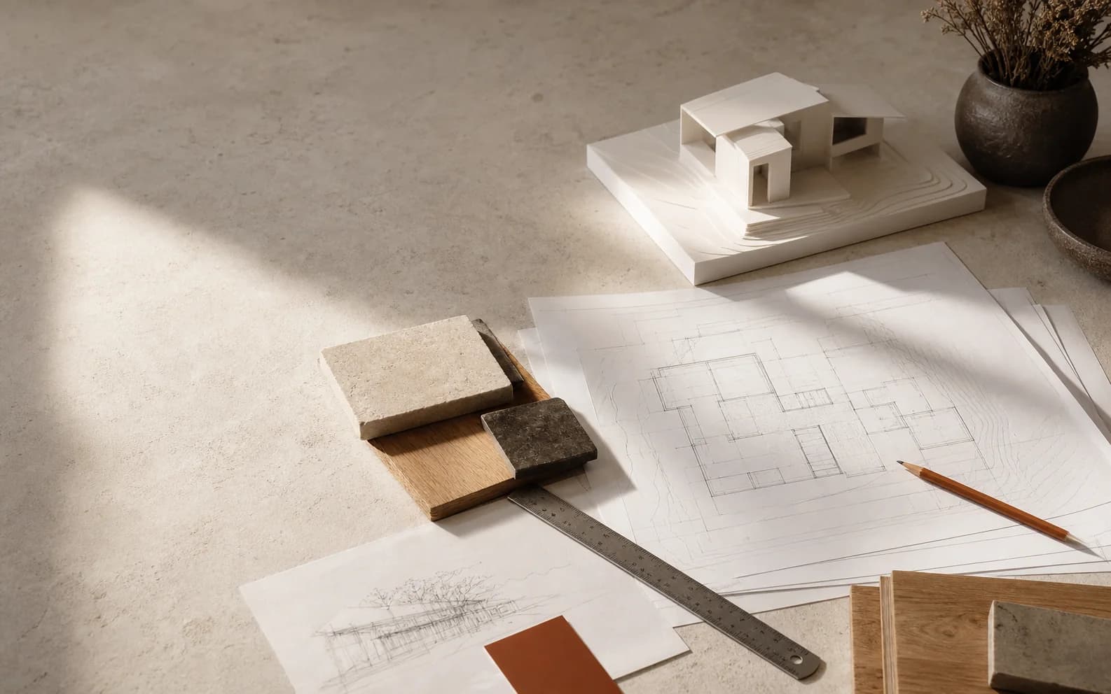 Illustrative architectural planning table with a residential massing model, plan sheets, scale ruler, and material samples